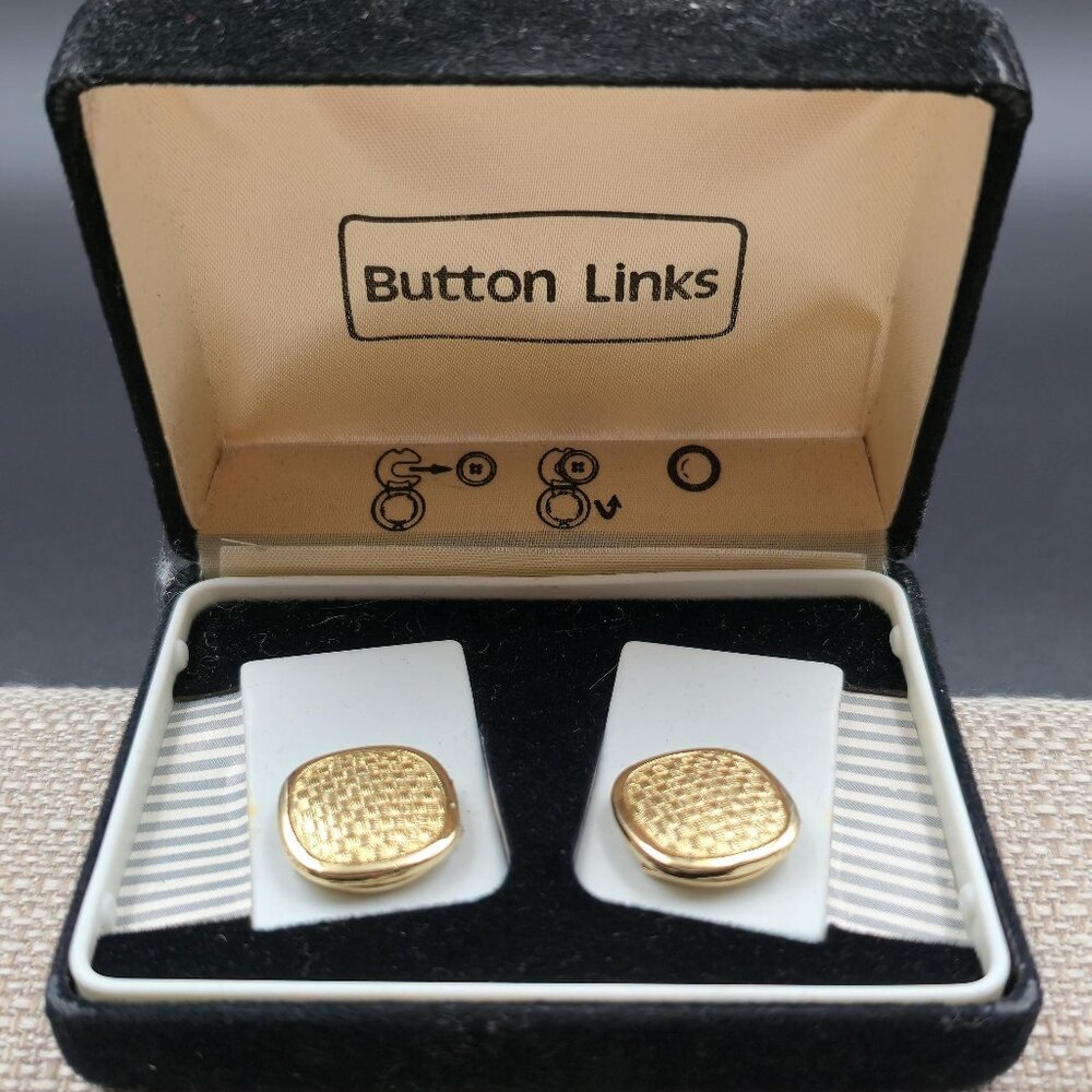 Gold Basketweave Pattern Button Links Vintage B841 - image 1